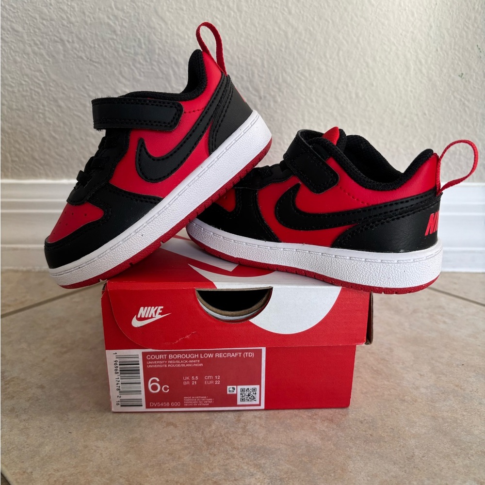 Nike Kids Court Borough Low Black and Red Sneakers. Size 6C